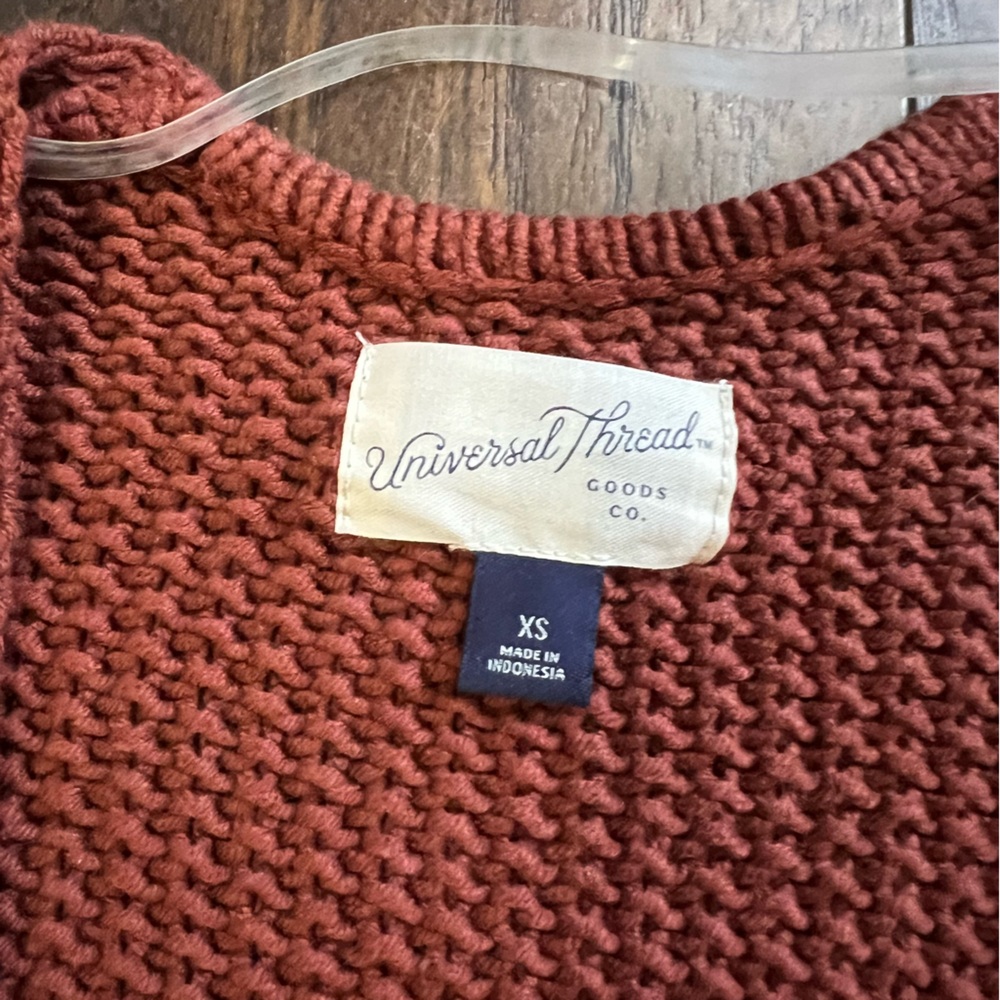 Universal Thread Rust Red Open Front Knit Ruffle Trim Cable Cardigan Size XS - Picture 5 of 9